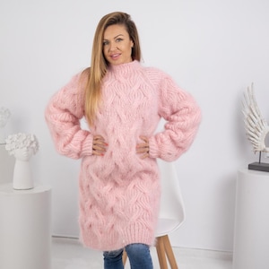 Pink Mohair Dress, Chunky sexy  Sweater Dress, Slouchy Fluffy Jumper T1749
