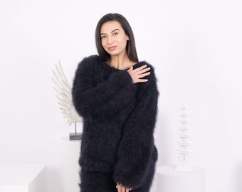 Black  Big neelde Knit Mohair Sweater, Fluffy sweater, See through sweater T1588