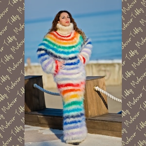 Rainbow Mohair Dress, Turtleneck Maxi Dress, Hand Knit Sweater Dress, T neck Mohair Dress, Chunky Dress, Hot Fetish Dress, Winter Dress T184