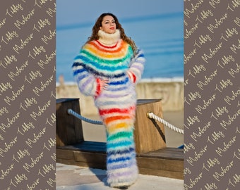 Rainbow Mohair Dress, Turtleneck Maxi Dress, Hand Knit Sweater Dress, T neck Mohair Dress, Chunky Dress, Hot Fetish Dress, Winter Dress T184