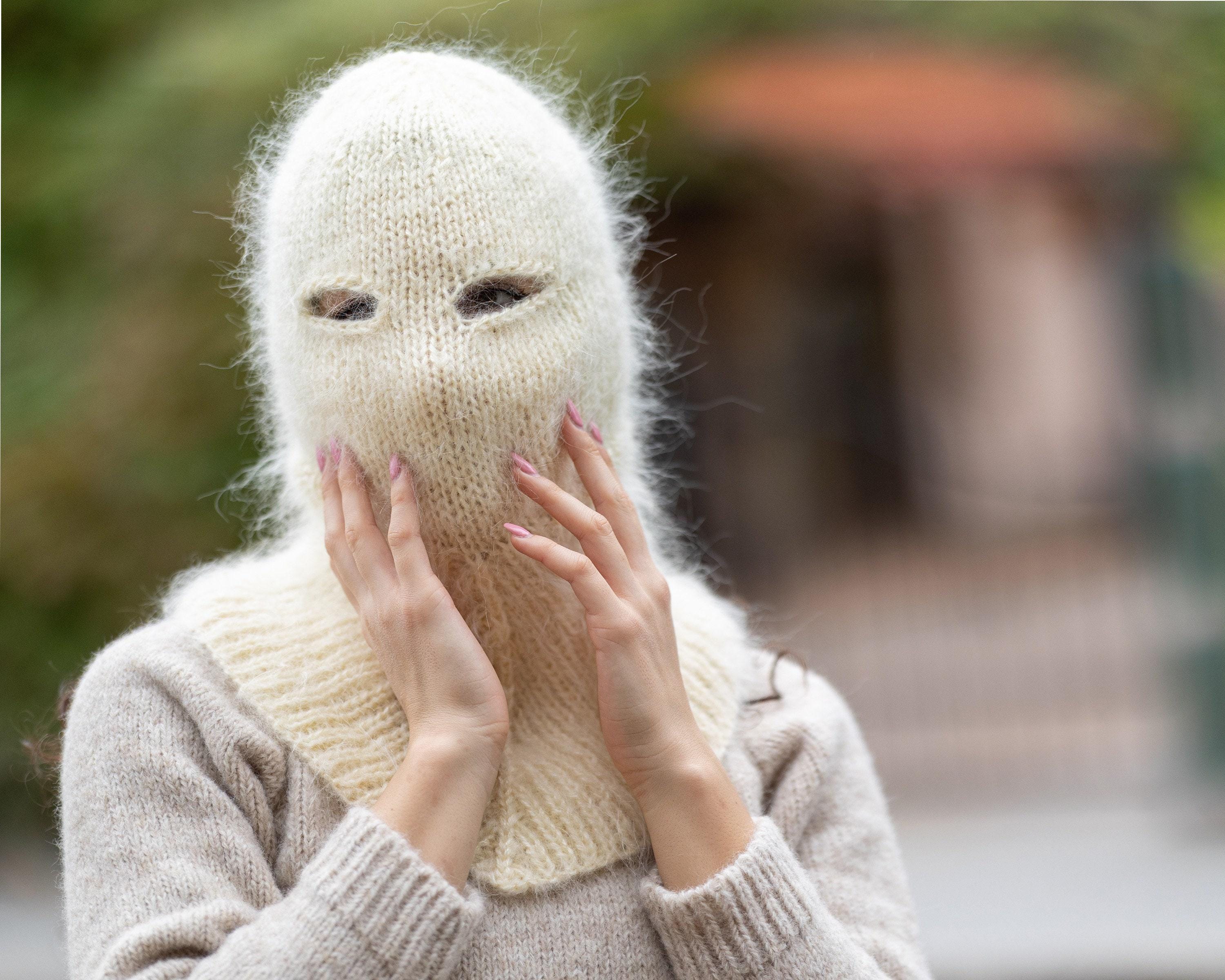 Cream Mohair Balaclava – Hand Knitted Fluffy Slouchy Beanie Ski