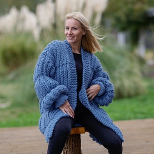 100%  Wool Cardigan in Denim Blue T1143