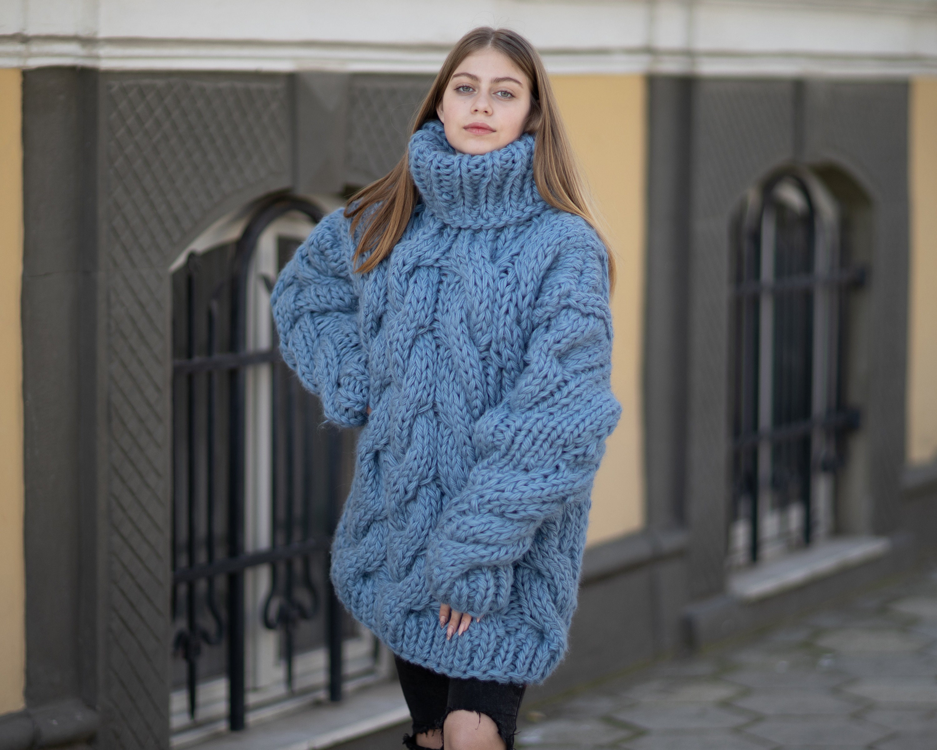 5 Strands Thick Blue Wool SweaterHuge Chunky Knit Woolen | Etsy