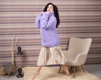 25 strands Alpaca and merino mix sweater , Hand knitted Lavender extra chunky jumper T1549