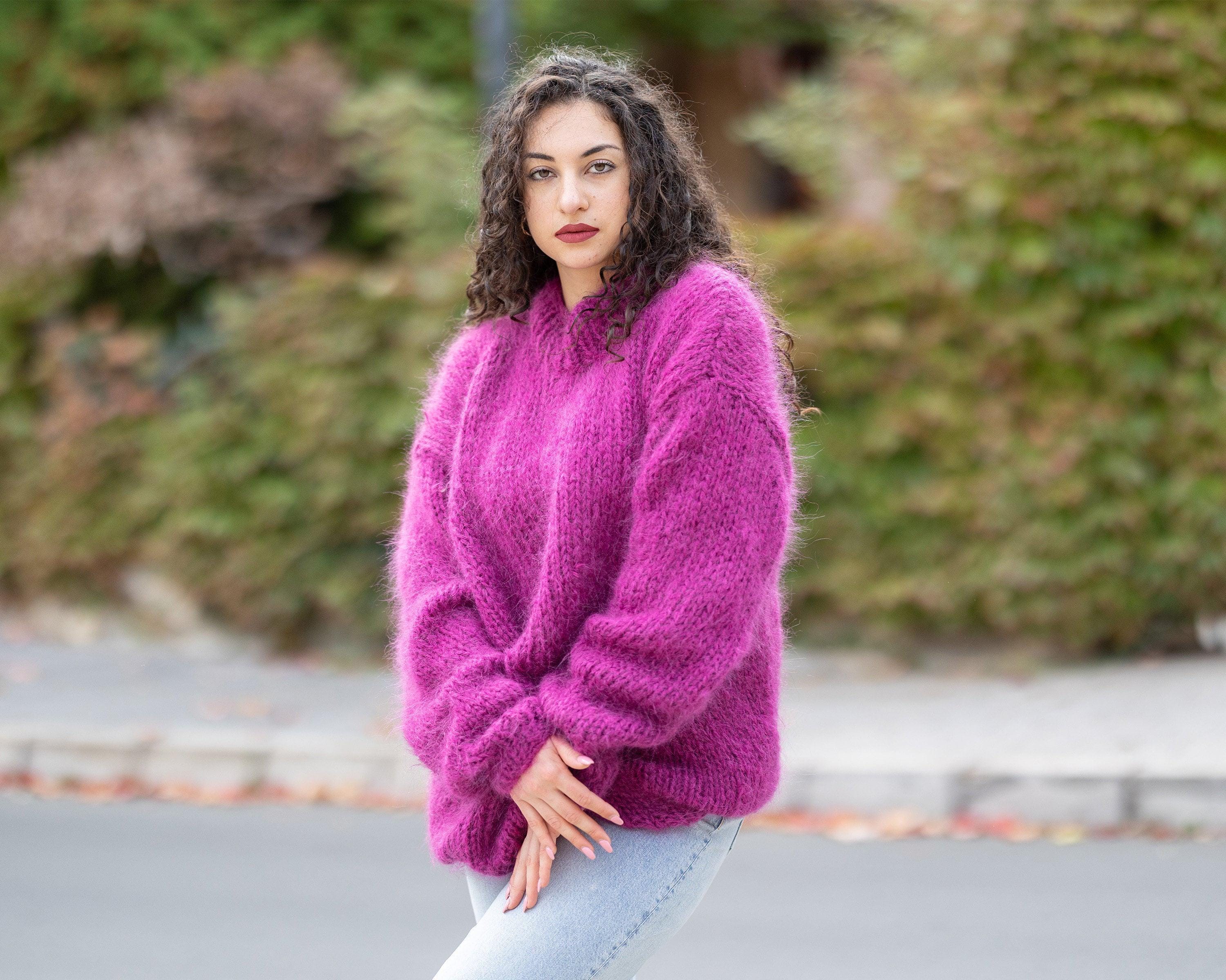 Hand-knitted Pink Mohair Sweater – Big Needle Fluffy See-through
