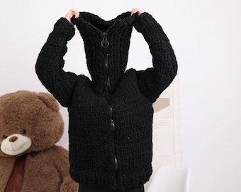 Super Chunky Yak Wool Cardigan – 38-Strand Hand Knitted with Extra Long Turtleneck T1843