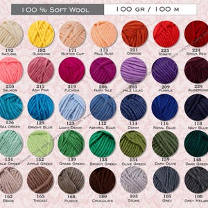 a collection of yarn colors, including soft wool, 100 gr / 100 m, and various shades of wool.