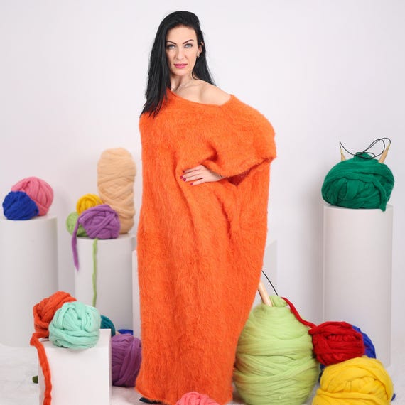 orange fuzzy dress Extra Wide Orange Alpaca Dress, Hand Knitted Fluffy Sleeveless Fuzzy Maxi  Dress T1611