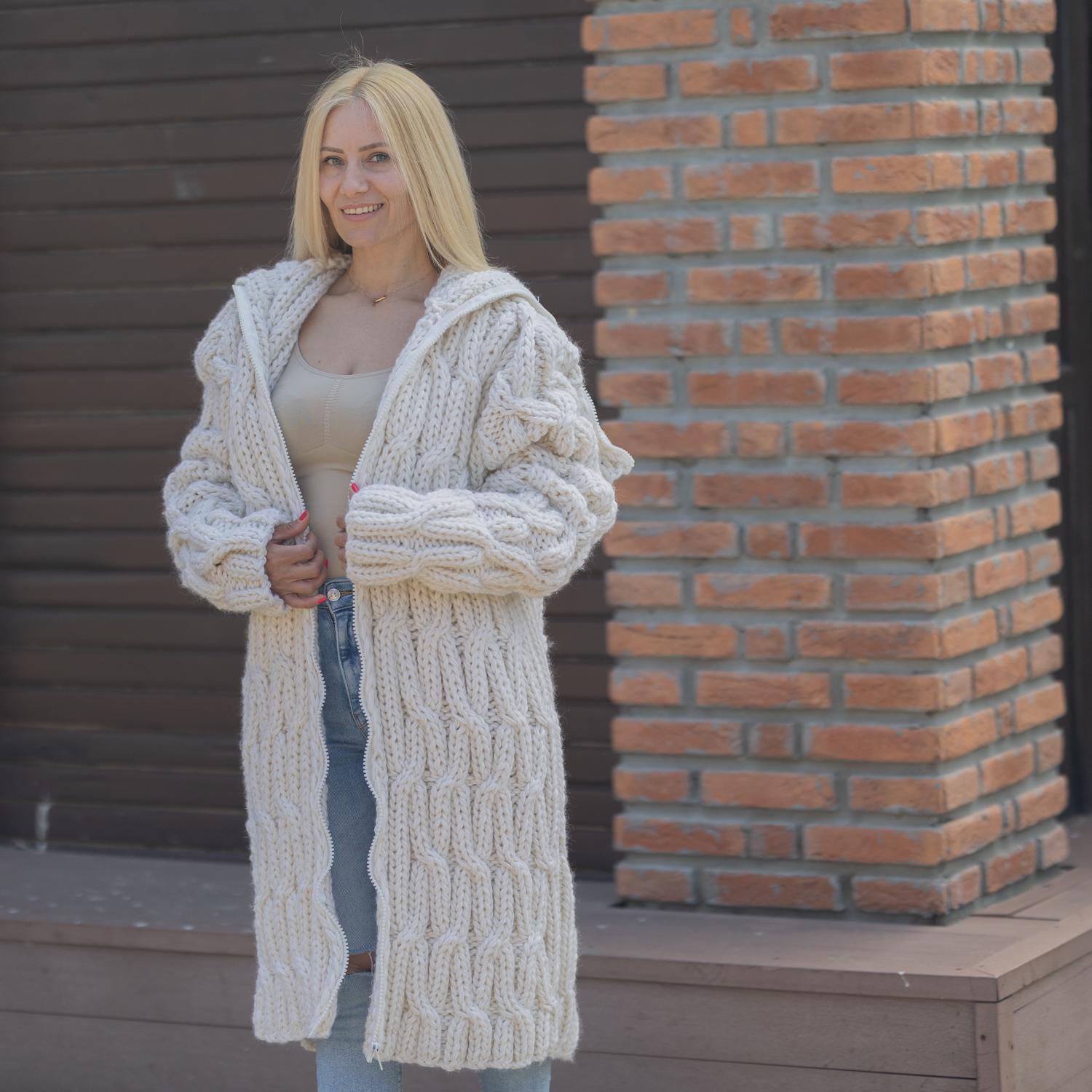 Chunky Wool Cable Knit Cardigan – Hand Knitted Zip Coat With 50 Cm
