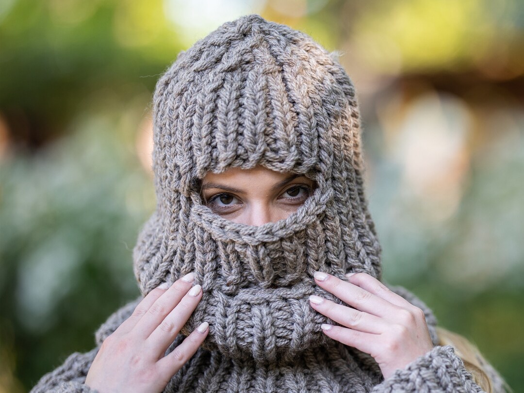 Brown Raw Wool Balaclava – Chunky Hand Knitted Itchy Wool Hood