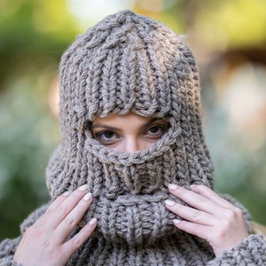 Brown Raw Wool Balaclava, Chunky Balaclava Knitted in Itchy Wool  T1195