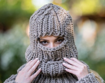 Brown Raw Wool Balaclava, Chunky Balaclava Knitted in Itchy Wool  T1195