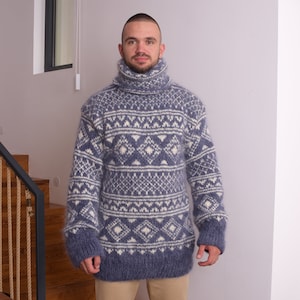 Blue Mohair Sweater, Icelandic Sweater, Hand Knit Sweater, Men Mohair Sweater, Norwegian Sweater, Fluffy Huge Sweater, Nordic Sweater  T835M
