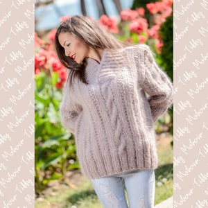 Beige Mohair Sweater, V neck Sweater, Cable Knit Sweater, Chunky Knit Sweater, Oversized Sweater, Fetish Sweater, Men Mohair Sweater T366