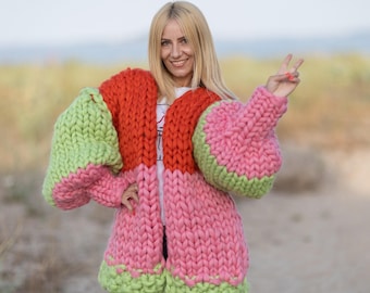 Chunky Merino Wool Cardigan – Hand Knitted Super Thick Marshmallow Coat T1087