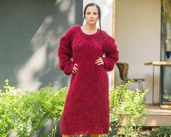 Lace Mohair Dress, Hand Knitted Bordeau Red Lace Sweater Maxi Robe T845