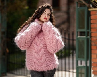 20-Strand Thick Mohair Sweater – Hand-Knitted Blue Chunky Cable Knit Jumper T1399