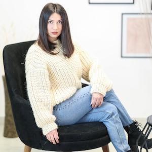 Cream  Fisherman rib sweater, Ribbed woolen jumper, warm wool sweater T1165