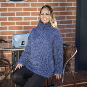 Denim Mohair Sweater – Hand-Knitted Women’s Pullover T1297 image 2