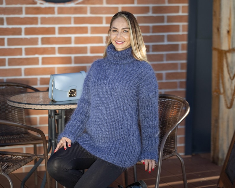 Denim Mohair Sweater – Hand-Knitted Women’s Pullover T1297 image 2