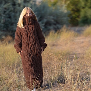 5 strands Brown wool Dress, Knit Sweater Dress, Turtleneck Maxi Dress, Chunky Woolen Dress, Long Fetish Dress, Winter Dress  T1238