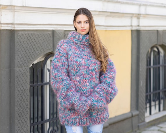 Blue Mohair Wool Sweater, Hand Knitted Thick Turtleneck Pullover