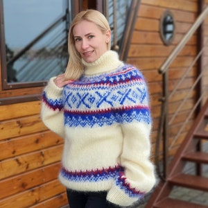 White Mohair Sweater, Icelandic Sweater, Hand Knit Sweater, Men Mohair Sweater, Norwegian Sweater, Fluffy Huge Sweater, Nordic Sweater  T918
