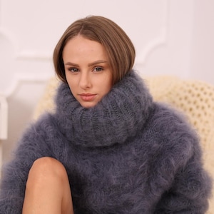 Brushed Mohair Bodysuit – Fluffy Hand-Knitted One-Piece with 70 cm Extra Long Turtleneck T1982 image 7