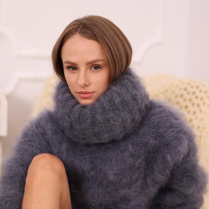 Brushed Mohair Bodysuit – Fluffy Hand-Knitted One-Piece with 70 cm Extra Long Turtleneck T1982 image 7
