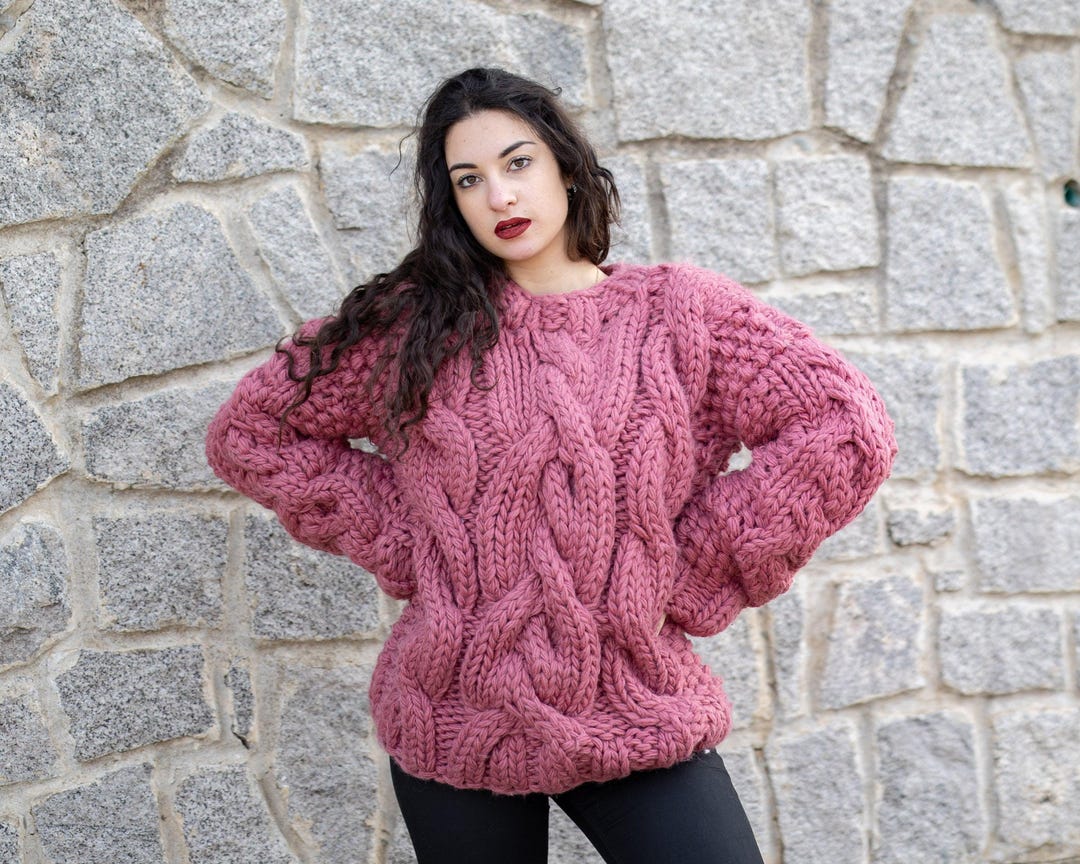 Ash Pink Wool Sweater – Hand-knitted Oversized Women's Cable