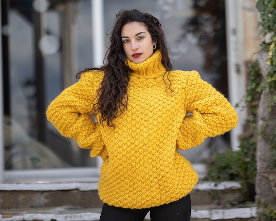 Ready to Ship in Size 3XL Moss Stitch Wool Sweater Yellow Wollen
