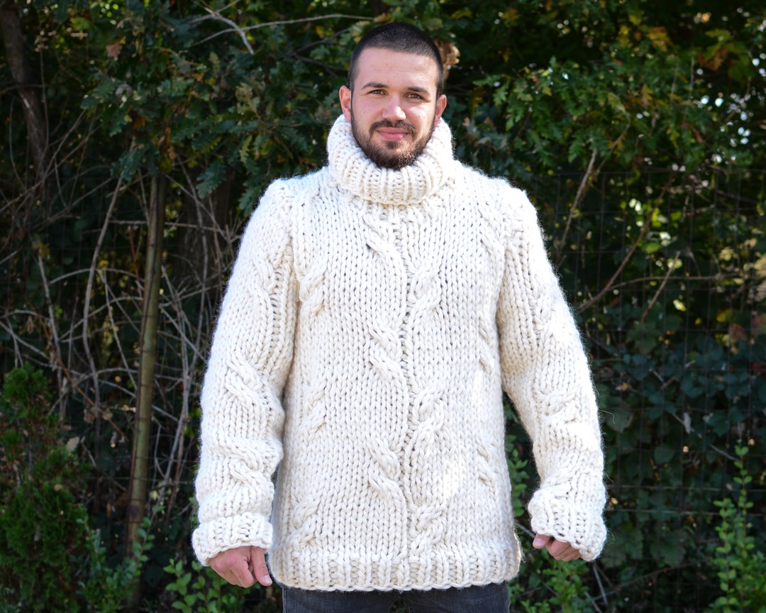 Chunky Wool Sweater in Cream Color, Cable Knit Hand Knitted Sweater ...