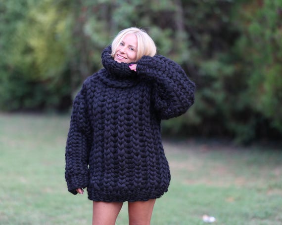 Extra Chunky Black Merino Wool Sweater With 50 Cm Turtleneck, Hand