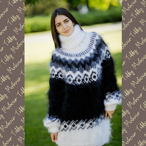 Fuzzy Mohair Sweater, Icelandic Sweater, Hand Knit Sweater, Men Mohair Sweater, Norwegian Sweater, Fluffy Huge Sweater, Nordic Sweater  T75