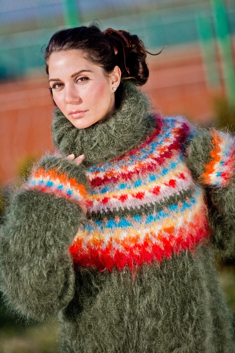 Green Mohair Sweater, Icelandic Sweater, Hand Knit Sweater, Men Mohair