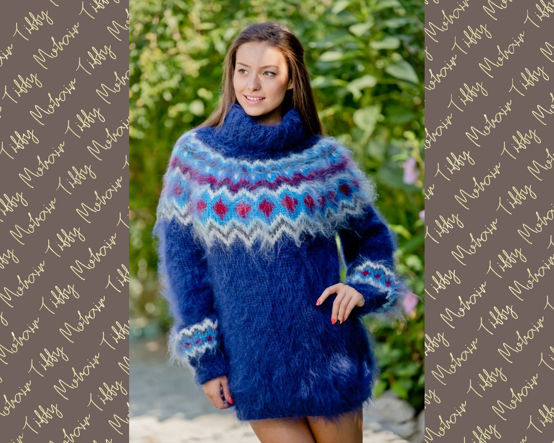 Blue Mohair Sweater, Icelandic Sweater, Hand Knit Sweater, Men Mohair ...