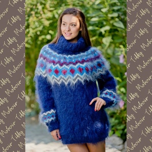 Blue Mohair Sweater, Icelandic Sweater, Hand Knit Sweater, Men Mohair Sweater, Norwegian Sweater, Fluffy Huge Sweater, Nordic Sweater T124