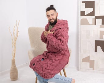 Hand-knitted Pink Wool Cardigan – Men's Cable Knit Pullover T1687