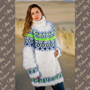 White Mohair Sweater, Icelandic Sweater, Hand Knit Sweater, Men Mohair Sweater, Norwegian Sweater, Fluffy Huge Sweater, Nordic Sweater  T188