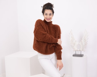 Suéter de lana de alpaca tejido a mano, suave y cálido, color marrón, ideal para el invierno (T1562)