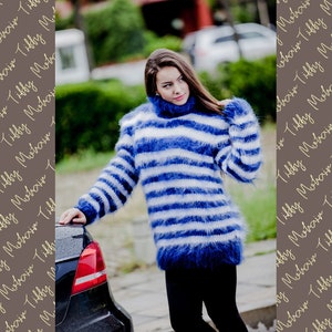 Striped Mohair Sweater, Turtleneck Sweater, Hand Knitted Sweater, T neck Jumper, Oversized Sweater, Mohair Fetish, Chunky Fluffy Sweater T57