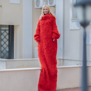 Extremely long Red Mohair Dress, Turtleneck sweater dress, Hand Knitted blanket dress T1079