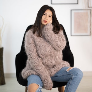 Beige Mohair Sweater with Cables  T1156