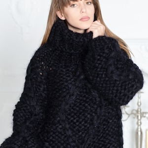 12 Strands Black Mohair Sweater, Oversized Cream Turtleneck Pullover ...