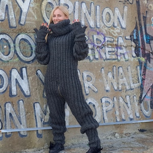 100 % wool Hand Knitted  Catsuit with extra long turtleneck Fetish catsuit in English rib, Wool catsuit T910