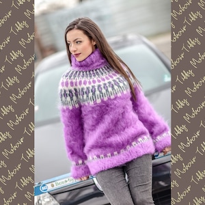 Scandinavian Fluffy Sweater, Purple Nordic Jumper T410