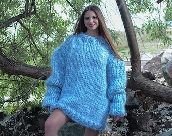 8-Strand Mohair–Wool Mix Sweater – Extra Thick Melange Hand-Knitted Oversized Jumper T788