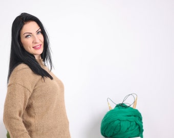 Luxurious Beige Italian Rabbit Angora sweater, Fluffy Angora sweater , Exclusive knitwear T1609