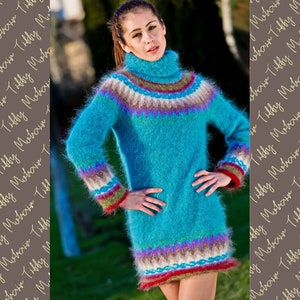 Nordic Sweater, Mohair Sweater Dress, Icelandic Sweater, Chunky Turtleneck, Bulky Top,  Hand Knit Jumper, Fair isle Pullover T242