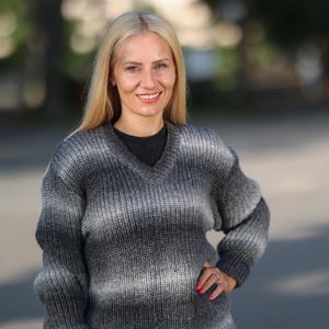 Ready to ship in size XL, Hand Knitted Gray Alpaca Yarn V-Neck Sweater for Women, Lightweight and Soft Winter Pullover 1766
